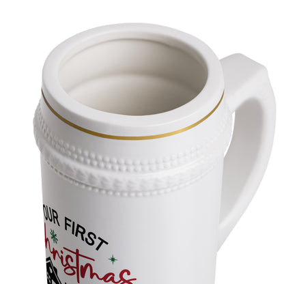 Customized Beer Stein Mug - Our Firts Christmas - Authentic Drinking Experience 22oz White Ceramic with Gold-Colored Detailing