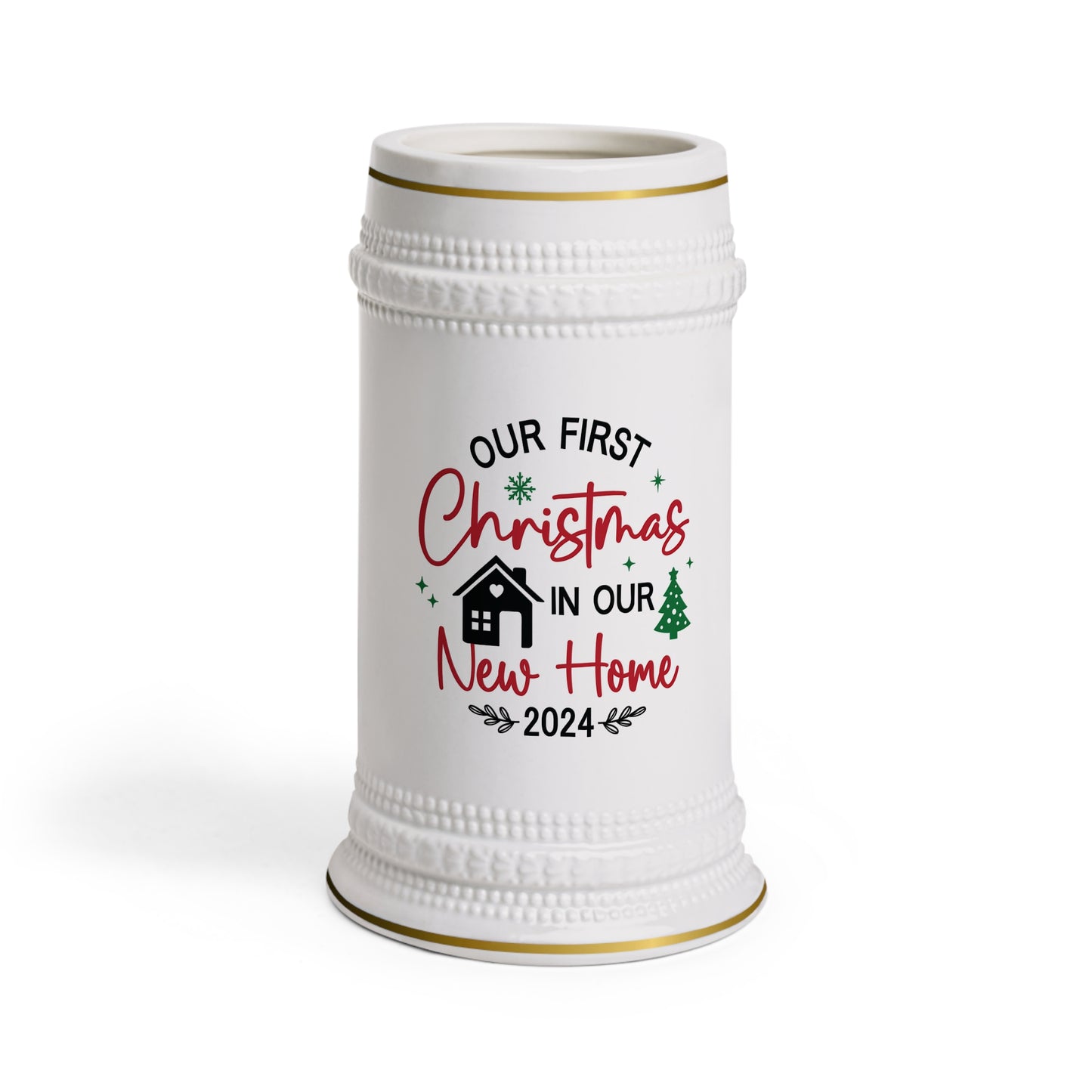 Customized Beer Stein Mug - Our Firts Christmas - Authentic Drinking Experience 22oz White Ceramic with Gold-Colored Detailing